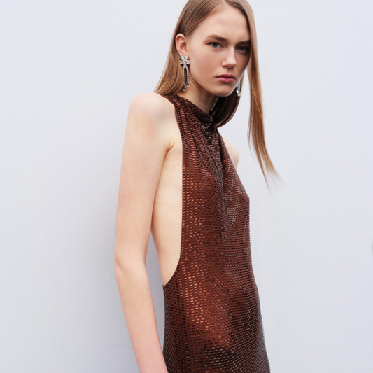 SELF PORTRAIT BROWN RHINSTONE DRESS