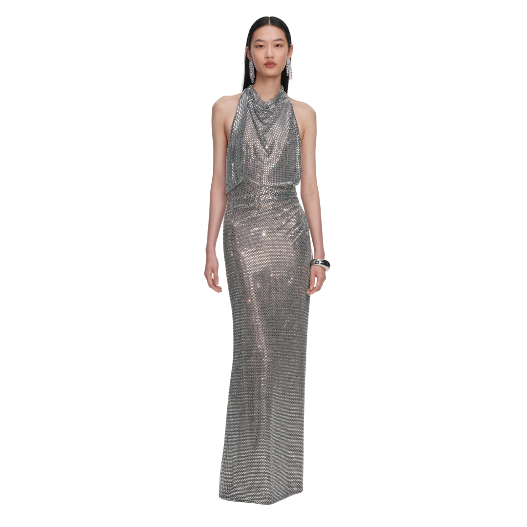 SELF PORTRAIT GREY RHINSTONE DRESS