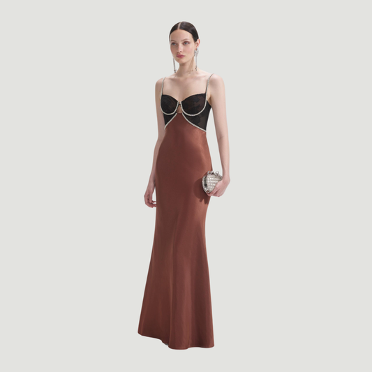 SELF PORTRAIT SATIN DIAMANTE MAXI